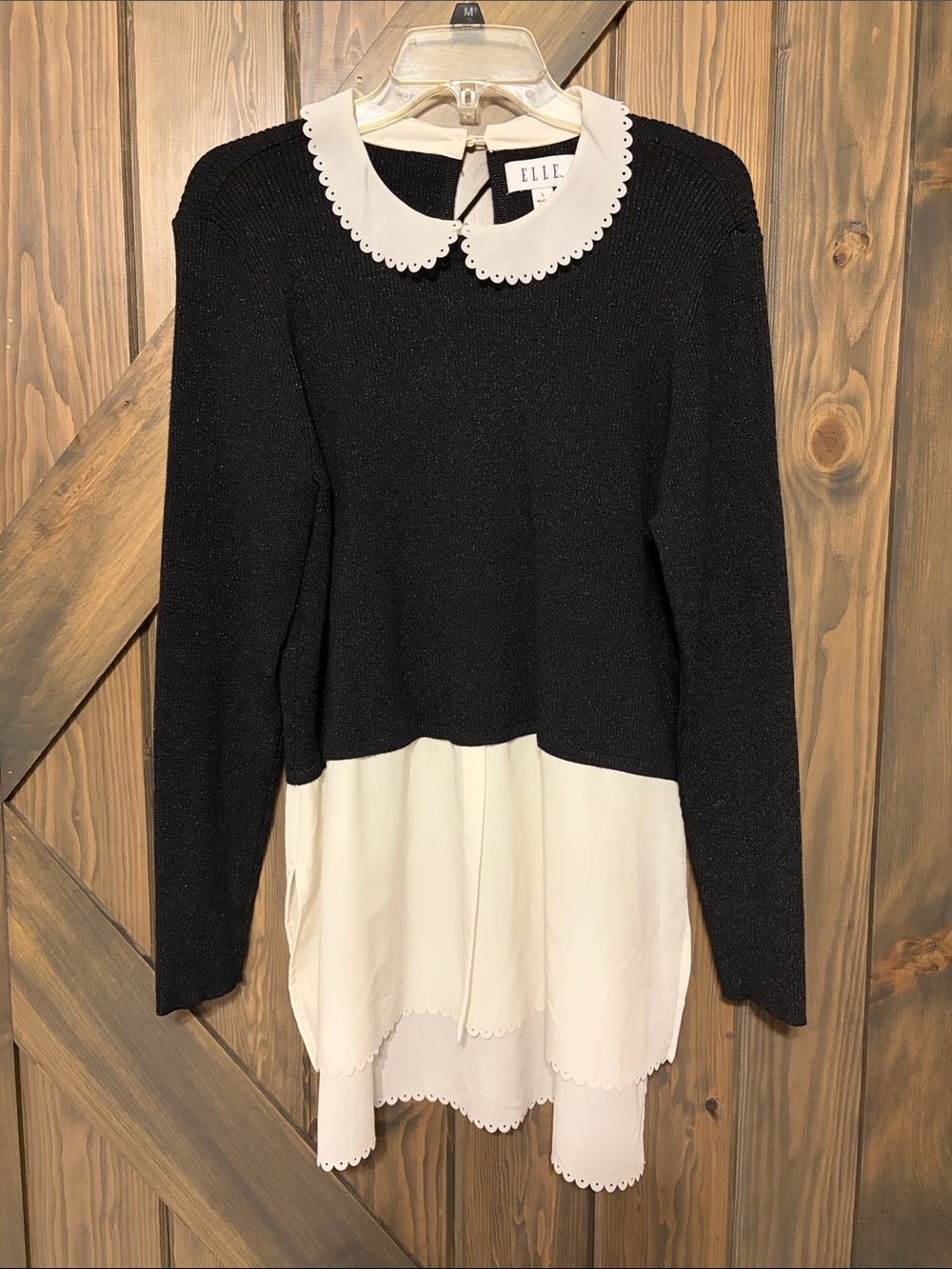 Elle Black Knit Sweater with White Scalloped Collar and Hem